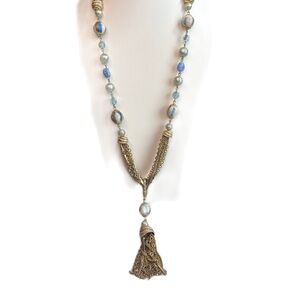 Gold and Blue Beaded Necklace with Tassel Pendant